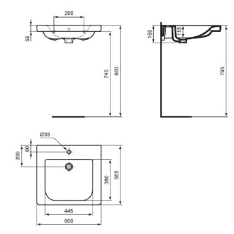 Umývadlo Ideal Standard Connect Freedom 60x55, 5 cm, otvor pre batériu uprostred