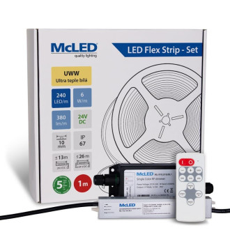 McLED LED pásik - sada 1 m + Prijímač Nano IP67, 240 LED/m, UWW, 6 W/m, DC 24 V, 380 lm/m, CRI90, IP67, 10 mm, vodič 3 m ML-126.036.90.S01002