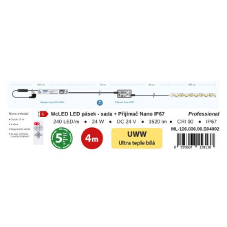 McLED LED pásik - sada 4 m, 240 LED/m, UWW, 6 W/m, DC 24 V, 380 lm/m, CRI90, IP67, 10 mm, vodič 3 m ML-126.036.90.S04001