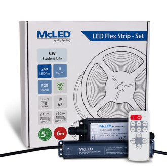 McLED LED pásik - sada 6 m + Prijímač Nano IP67, 240 LED/m, CW, 6 W/m, DC 24V, 520 lm/m, CRI90, IP67, 10 mm, vodič 3 m ML-126.032.90.S06002