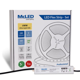 McLED LED pásik - sada 1 m, 240 LED/m, UWW, 6 W/m, DC 24 V, 380 lm/m, CRI90, IP67, 10 mm, vodič 3 m ML-126.036.90.S01001