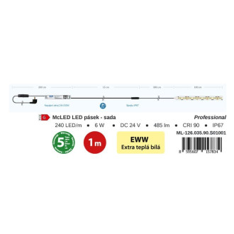 McLED LED pásik - sada 1 m, 240 LED/m, EWW, 6 W/m, DC 24 V, 485 lm/m, CRI90, IP67, 10 mm, vodič 3 m ML-126.035.90.S01001