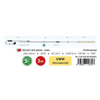 McLED LED pásik - sada 3 m, 240 LED/m, UWW, 6 W/m, DC 24 V, 380 lm/m, CRI90, IP67, 10 mm, vodič 3 m ML-126.036.90.S03001