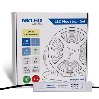 McLED LED pásik - sada 4 m, 240 LED/m, EWW, 6 W/m, DC 24 V, 485 lm/m, CRI90, IP67, 10 mm, vodič 3 m ML-126.035.90.S04001