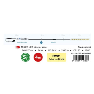 McLED LED pásik - sada 4 m, 240 LED/m, EWW, 6 W/m, DC 24 V, 485 lm/m, CRI90, IP67, 10 mm, vodič 3 m ML-126.035.90.S04001