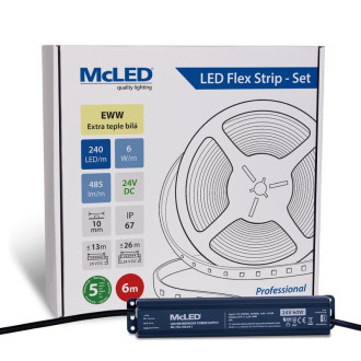 McLED LED pásik - sada 6 m, 240 LED/m, EWW, 6 W/m, DC 24 V, 485 lm/m, CRI90, IP67, 10 mm, vodič 3 m ML-126.035.90.S06001
