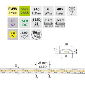 McLED LED pásik - sada 6 m, 240 LED/m, EWW, 6 W/m, DC 24 V, 485 lm/m, CRI90, IP67, 10 mm, vodič 3 m ML-126.035.90.S06001
