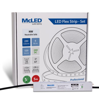 McLED LED pásik - sada 5 m, 240 LED/m, NW, 6 W/m, DC 24 V, 520 lm/m, CRI90, IP67, 10 mm, vodič 3 m ML-126.033.90.S05001