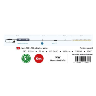 McLED LED pásik - sada 6 m, 240 LED/m, NW, 6 W/m, DC 24 V, 520 lm/m, CRI90, IP67, 10 mm, vodič 3 m ML-126.033.90.S06001