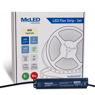 McLED LED pásik - sada 6 m, 240 LED/m, WW, 6 W/m, DC 24 V, 500 lm/m, CRI90, IP67, 10 mm, vodič 3 m ML-126.034.90.S06001