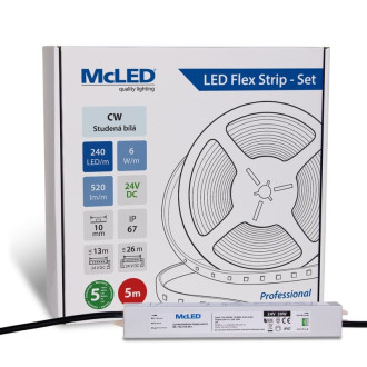 McLED LED pásik - sada 5 m, 240 LED/m, CW, 6 W/m, DC 24 V, 520 lm/m, CRI90, IP67, 10 mm, vodič 3 m ML-126.032.90.S05001