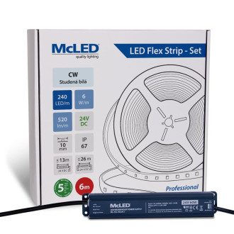 McLED LED pásik - sada 6 m, 240 LED/m, CW, 6 W/m, DC 24 V, 520 lm/m, CRI90, IP67, 10 mm, vodič 3 m ML-126.032.90.S06001
