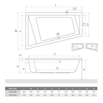Asymetrická vaňa Roth Kubic Asymmetric 160x103 cm akrylát pravá 9670000