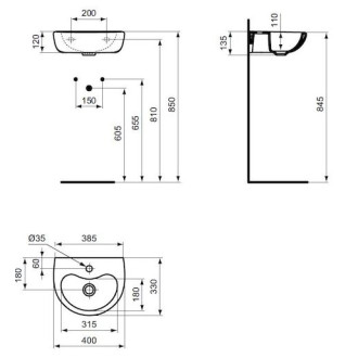 Umývadlo Ideal Standard Contour 21 40x33 cm otvor pre batériu uprostred S263901