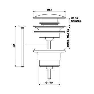 Umývadlová výpusť 5/4“, click-clack, veľká zátka, 10-65mm, zlato mat CV1002G