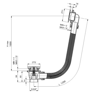 Vaňová súprava bez napúšťania, click-clack, dĺžka 1200mm, zátka 72mm, meď mat 71858.70