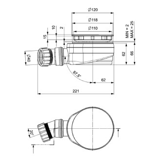 Vaničkový sifón, priemer 90mm, DN40, nízky, krytka meď mat 17916PG