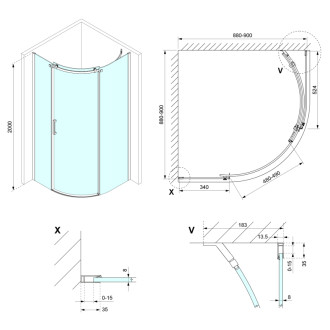 THRON ROUND štvrťkruhová sprchová zástena 900x900mm, číre sklo, pravá TL2690R-5005