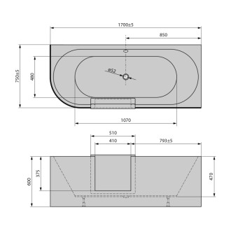 PORTAS R asymetrická vaňa s dvierkami, 170x75x60cm, biela 75541