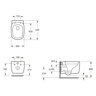 ORGANIC závěsná WC mísa, Vortex Rimless, 36x52cm, bílá PZ312V