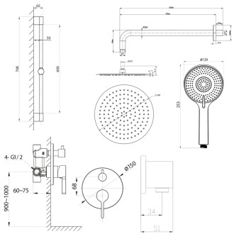 ICONIC podomítkový sprchový set s pákovou baterií, držák sprchy, černá mat AF042B-02