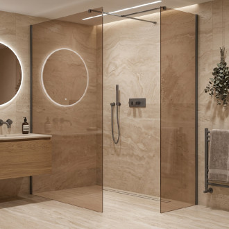 CERANO - Sprchová zástena Walk-in Onyx T L/P - 8 mm - hranatá vzpera - čierna matná, bronzové sklo - 140x140x200 cm
