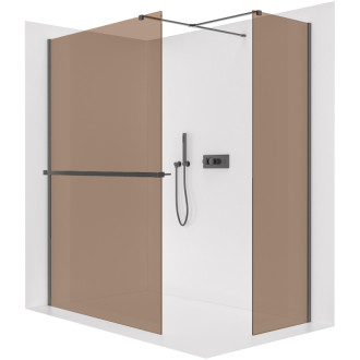 CERANO - Sprchová zástena Walk-in Onyx T L/P - 8 mm - hranatá vzpera + polička/držiak na uteráky - matná čierna, bronzové sklo - 150x120x200 cm