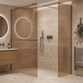 CERANO - Sprchová zástena Walk-in Onyx T L/P - 8 mm - hranatá vzpera + polička/držiak na uteráky - matná čierna, bronzové sklo - 160x160x200 cm