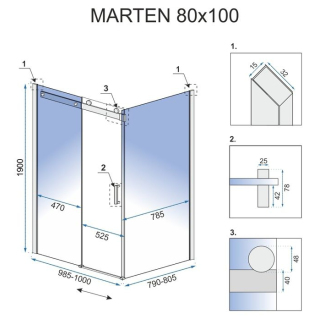 Rea sklenený kút priehľadný bez vaničky 800X1000X1900 mm Marten REA-K4000