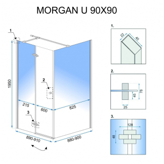 Rea sklenený kút priehľadný bez vaničky 900x900x1950 mm Morgan REA-K7400
