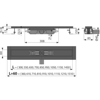 ALCA APZ101BLACK-750 Low - Podlahový žľab s okrajom pre perforovaný rošt, čierna-mat