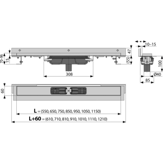 ALCA APZ1104-950 Flexible Low - Podlahový žľab s okrajom pre perforovaný rošt zvislý odtok