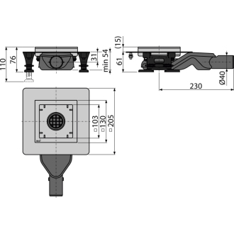 ALCA APV110 Podlahový vpust nerezový nízky 130×130 mm bočný, bez mriežky zápachový uzáver