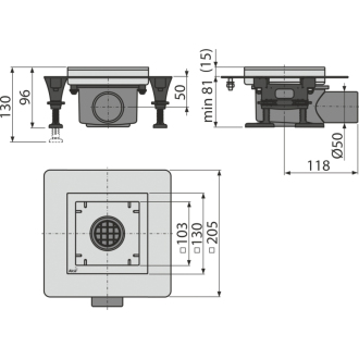 ALCA APV120 Podlahový vpust nerezový nízky 130×130 mm bočný, bez mriežky, zápachový uzáver