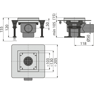 ALCA APV130 Podlahový vpust nerezový 130×130 mm bočný, bez mriežky, vodný zápachový uzáver