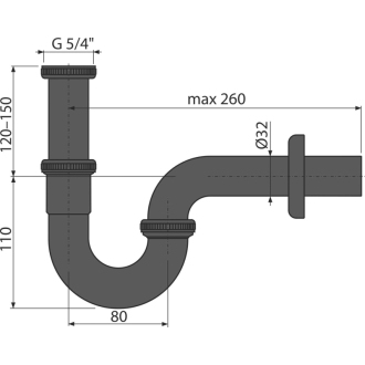 ALCA A4320BLACK &quot;Sifón umývadlový &quot;U&quot; DN32 s prevlečnou maticou 5/4&quot;&quot; čierna-mat&quot;