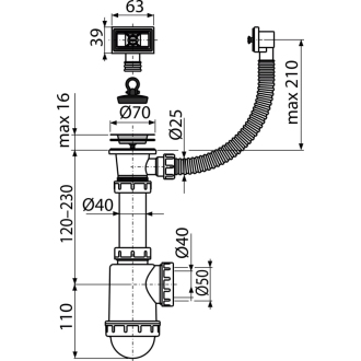 ALCA A444-DN50/40 Sifón drezový s nerezovou mriežkou DN70 a flexi prepadom
