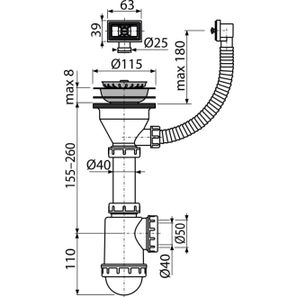 ALCA A447-DN50/40 Sifón drezový s nerezovou mriežkou DN115 a flexi prepadom