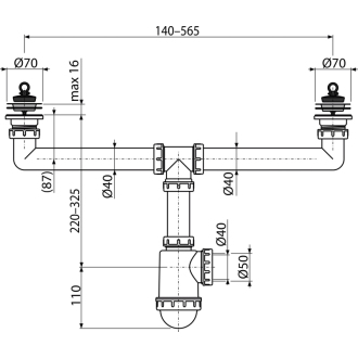 ALCA A449-DN50/40 Sifón pre dvojdrez s nerezovými mriežkami DN70
