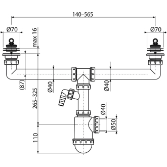 ALCA A449P-DN50/40 Sifón pre dvojdrez s nerezovými mriežkami DN70 a prípojkou