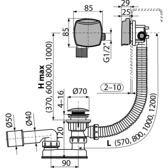 ALCA A508CKM-120 Sifón vaňový CLICK/CLACK s napúšťaním prepadom, chróm