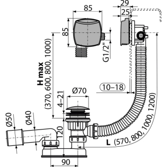 ALCA A509CKM-100 Sifón vaňový CLICK/CLACK s napúšťaním prepadom pre vane, chróm