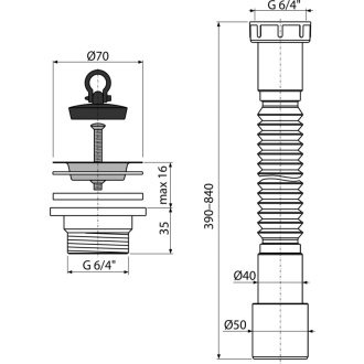 ALCA A770+A33 Flexi pripojenie 6/4&quot;×40/50 plast + Výpust 6/4&quot; s nerezovou mriežkou DN70