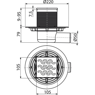 ALCA APV102 Podlahový vpust 105×105/50 mm bočný, mriežka nerez, vodná zápachová uzávera