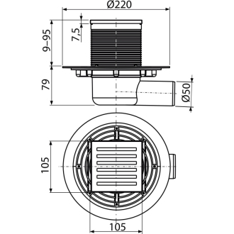 ALCA APV103 Podlahový vpust 105×105/50 mm bočný, mriežka nerez, vodná zápachová uzávera