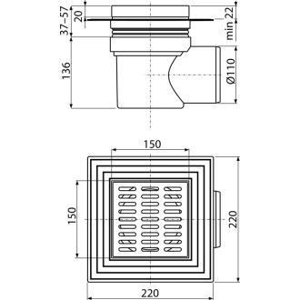 ALCA APV12 Podlahový vpust 150×150/110 mm bočný, vodný zápachový uzáver