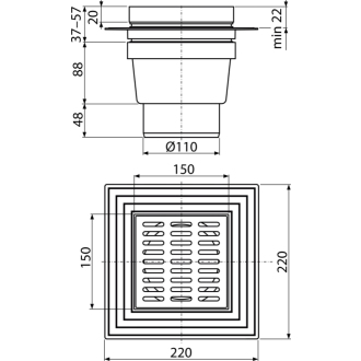 ALCA APV13 Podlahový vpust 150×150/110 mm priama, vodná zápachová uzávera