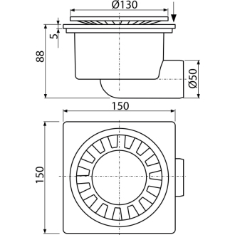 ALCA APV15 Podlahový vpust 150×150/50 mm bočný, mriežka biela, vodný zápachový uzáver