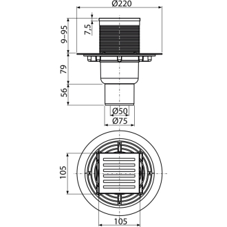 ALCA APV203 Podlahový vpust 105×105/50/75 mm priama, mriežka nerez, vodná zápachová uzávera