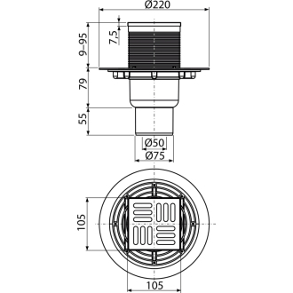 ALCA APV2321 Podlahový vpust 105×105/50/75 mm priama, mriežka nerez, zápachová uzávera SMART